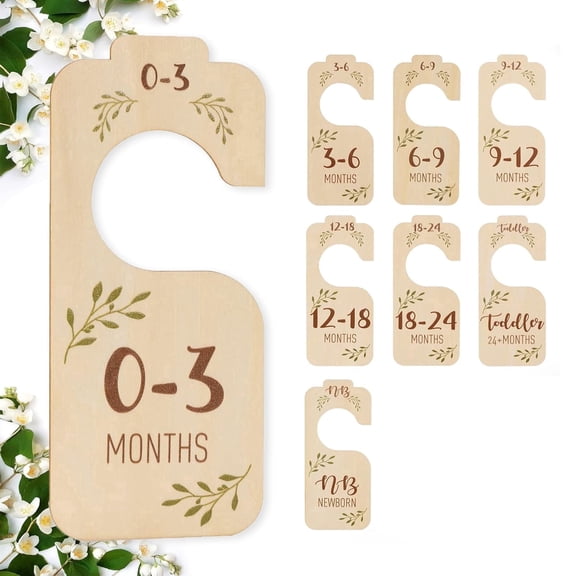 SUSWIM Baby Closet Dividers for Clothes Organizer - Set of 8 Beautiful Wooden Double-Sided Baby Clothes Size Hanger Organizer from Newborn to 24 Months for Boho Nursery Decor