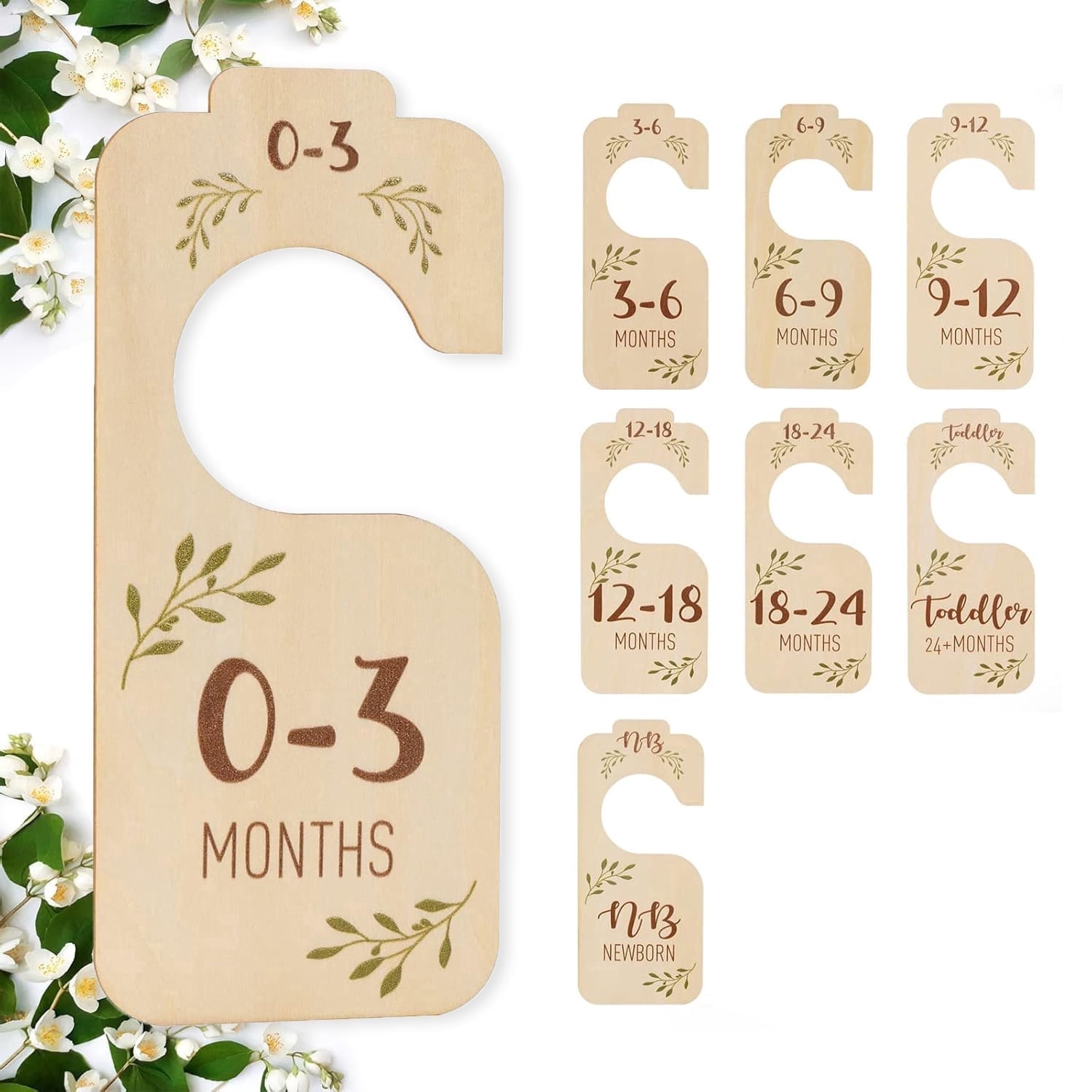 SUSWIM Baby Closet Dividers for Clothes Organizer - Set of 8 Beautiful Wooden Double-Sided Baby Clothes Size Hanger Organizer from Newborn to 24 Months for Boho Nursery Decor