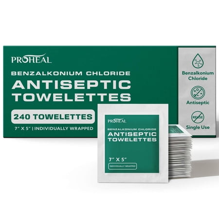 ProHeal BZK Antiseptic Wipes, 240 Count - 7"x5" Individually Wrapped Benzalkonium Chloride Antiseptic Towelettes - Alcohol Free for Minor Cuts, Scrapes, Burns, and More