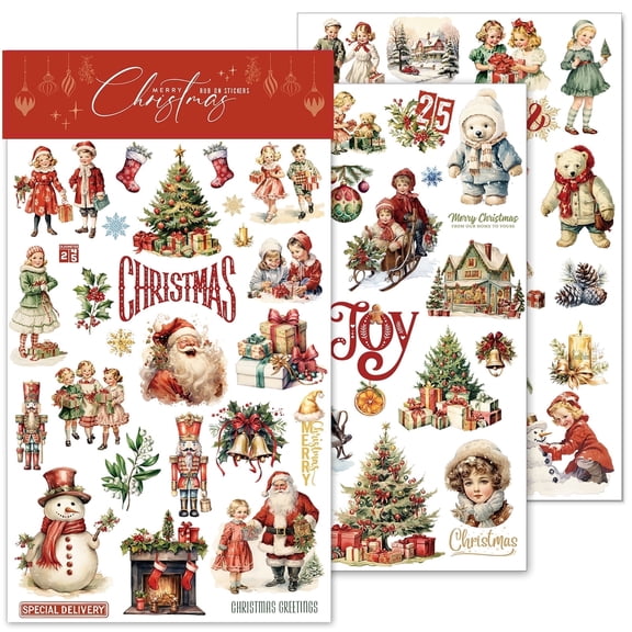 3 Sheets Xmas Rub on Transfers for Crafts Pressure Stickers Fit Fabric Acrylic Wood Paper Scrapbooking Stuff Vintage Junk Journal Supplies Santa Claus Christmas Elements