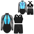 thumbnail image 5 of Aiihoo Kids Girls Gymnastics Ballet Dance Mesh Long Sleeve Shiny Rhinestones Leotard with Vest Shorts for Training Performance Light Blue 16, 5 of 5