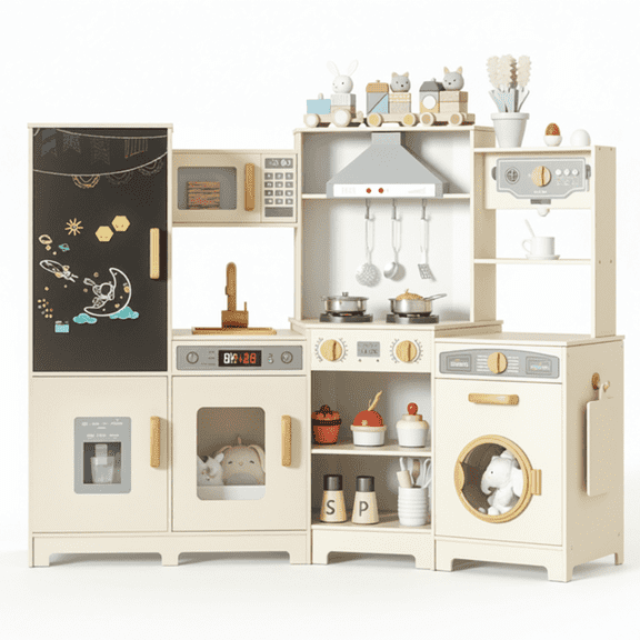 TLSUNNY Toddler Wooden Play Kitchen w/ Lights & Sounds, Blackboard, Washer, Ice Maker & Utensils, for Kids Ages 3