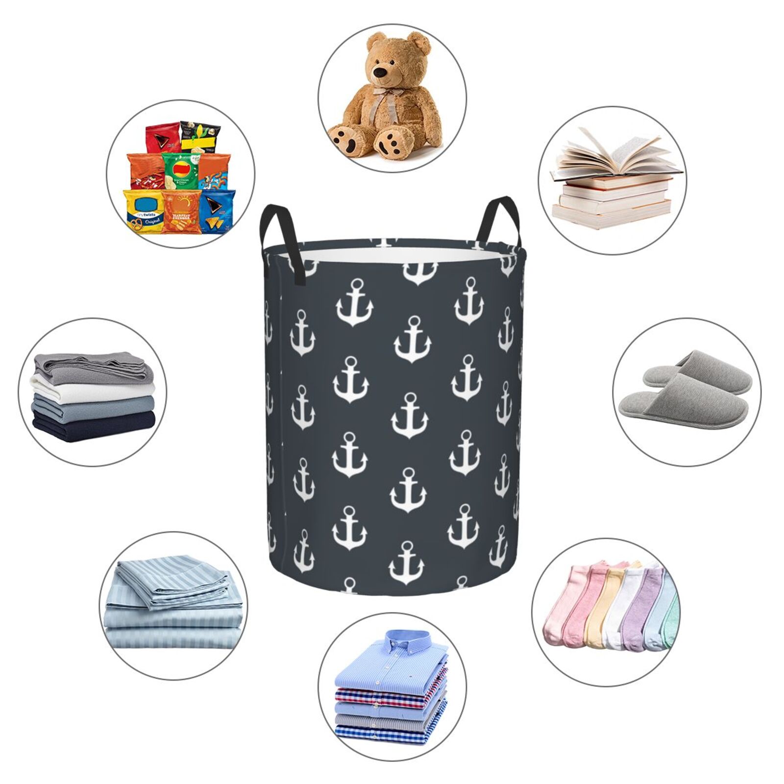 Large Laundry Basket with Handles - white Anchor vintage black Kids Baby Dirty Clothes Laundry Hamper for Bedroom Aesthetic