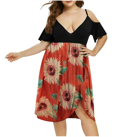 Bigersell Summer Dresses for Women 2023 Beach Women Plus Size V-Neck Floral Print Short Sleeve Boho Dress Party Dress Hawaiian Dresses for Female Women's Plus Sheath Dresses, Style 36166, Orange XXL