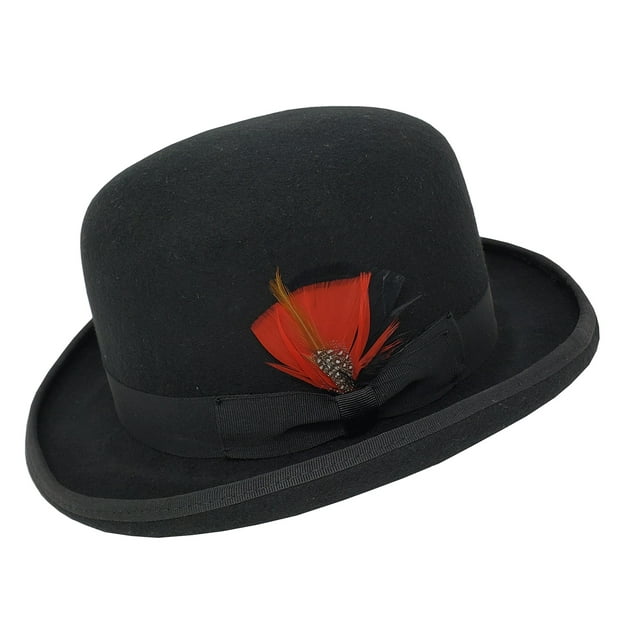 Different Touch Men's 100% Wool Felt Derby Bowler with Removable Feather Fedora Hats (L, Black)