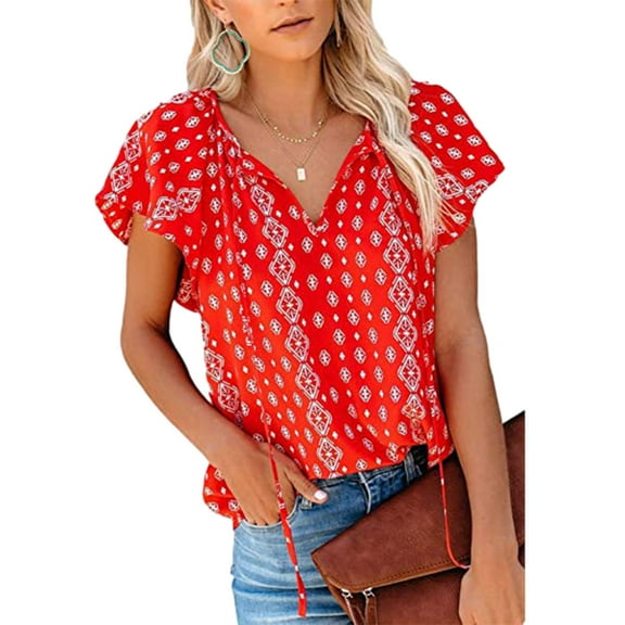 Womens Summer Tops,Summer Tops for Women 2025 Women's Casual Floral Print V Neck Short Sleeve Shirts Tops Loose Blouses