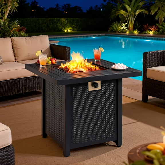 2-in-1 Propane Fire Pit Table, Outdoor Table with Fire Pit, 28 Inch 50,000 BTU Auto-Ignition Gas Fire Pit Table with Lid and Lava Rock, Square Fire Table for Yard Patio Garden