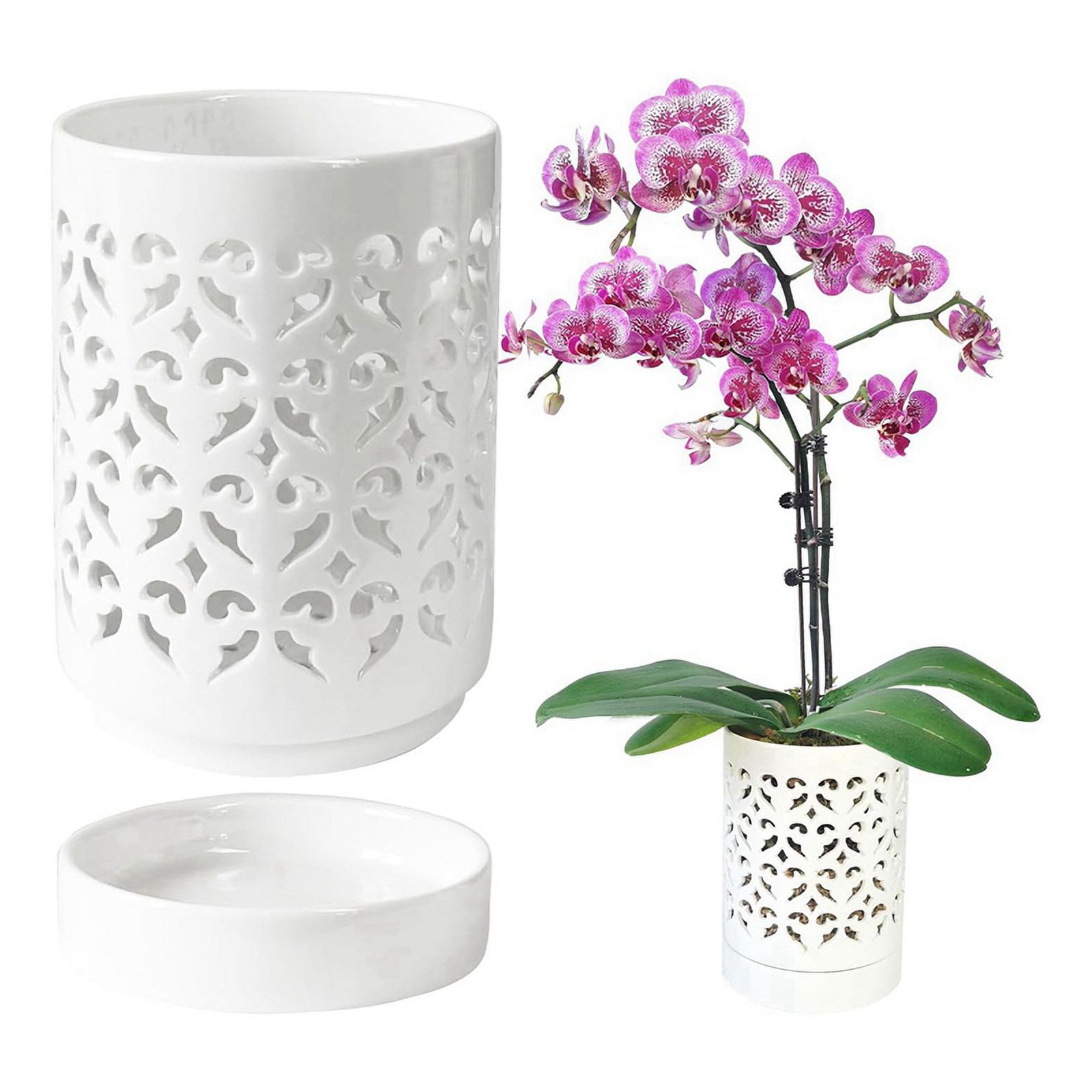 2X Orchid Pots with Holes,4 Inch Ceramic Orchid Pot for Repotting, Flower Planter Pot Indoor Outdoor, Breathable White