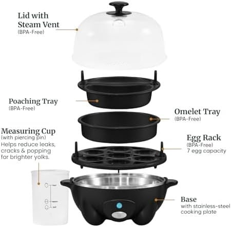 EGC-007B# Rapid Egg Cooker, 7 Easy-To-Peel, Hard, Medium, Soft Boiled Eggs, Poacher, Omelet Maker, Auto Shut-Off, Alarm, 16-Recipe Booklet, Black