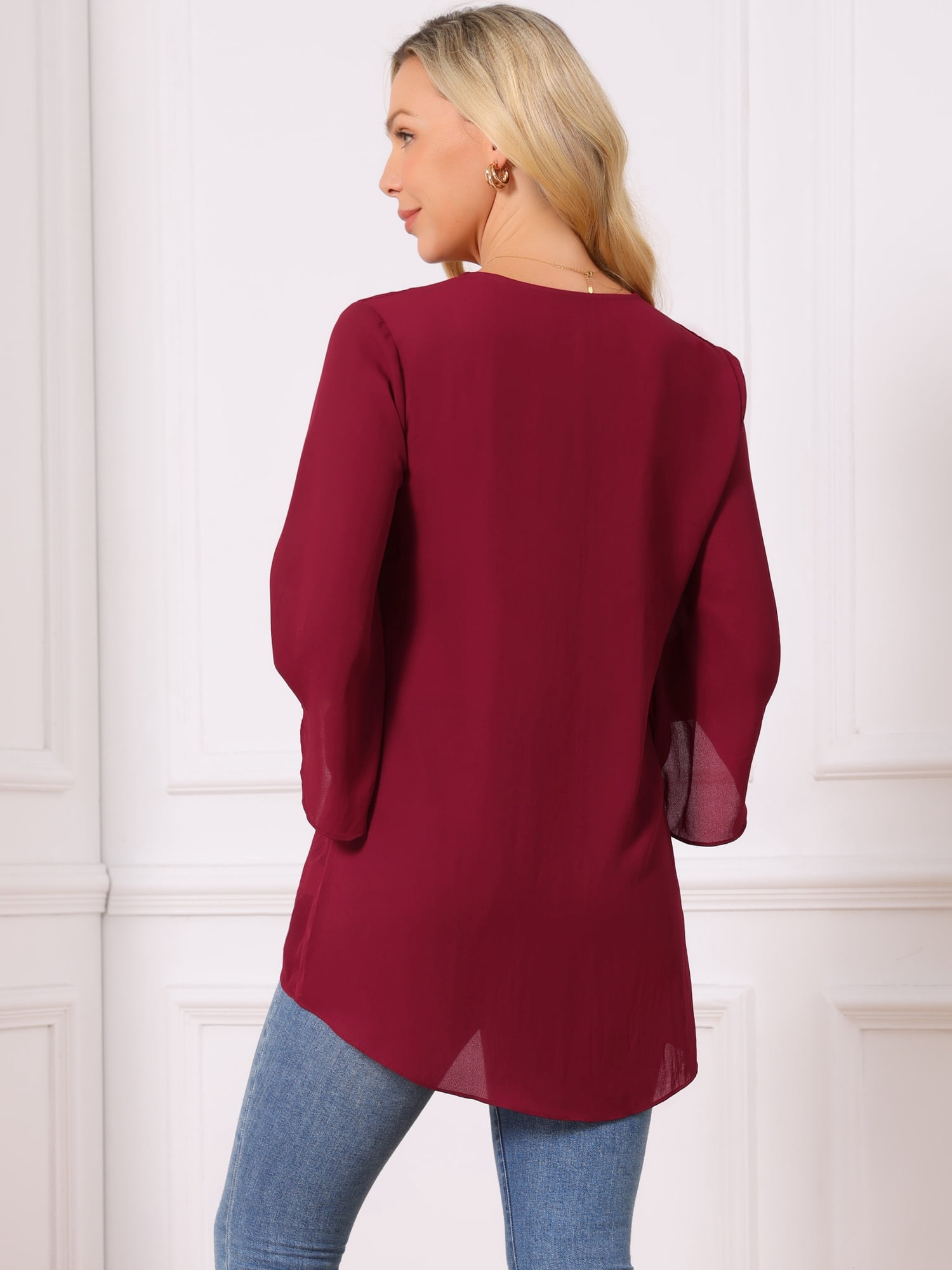DARING DIVA Women's High Low Tops 3/4 Bell Sleeve V Neck Chiffon Blouse S Wine Red