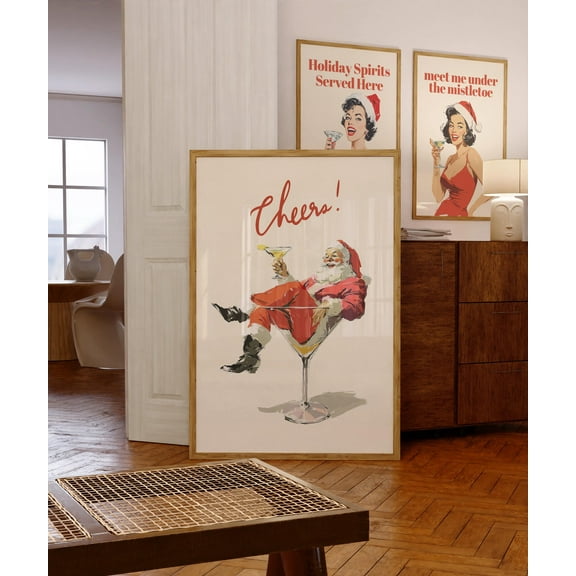 YaHaku Cheers Santa Claus Poster, Funny Retro Christmas Wall Art, Vintage Holiday Cocktail Print, Santa Martini Bar Cart Decor Poster
