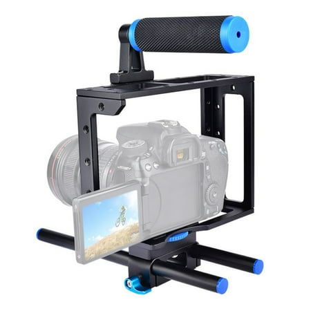 Foto&Tech Movie Making DSLR Camera Video Cage Mount Rig Large Cage Kit with Top Handle Grip 15mm Rod Compatible with Canon 5D Mark II III 7D 70D D800 D8100 Nikon Sony & Other DSLR Cameras (Blue+Black)
