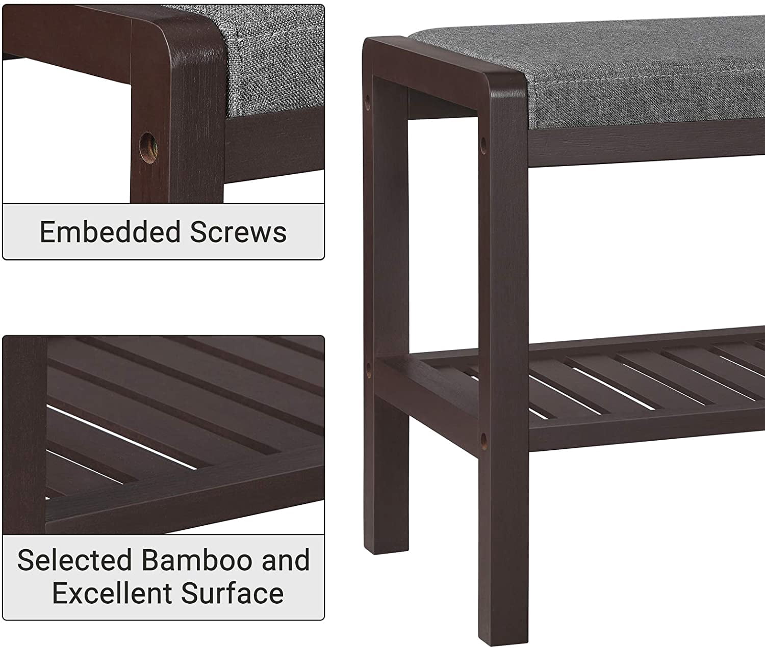 SONGMICS Bamboo Shoe Bench Rack for Entryway,Brown,Gray