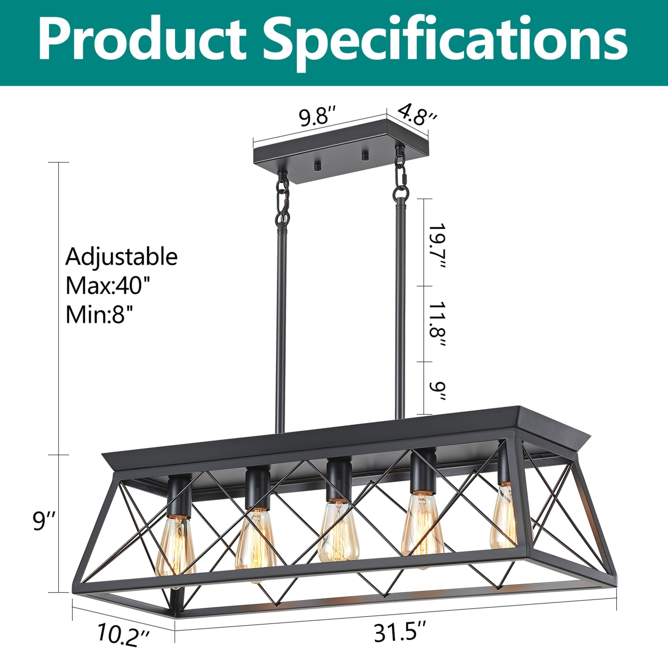 GDF Studio 5-Light E26 Farmhouse Chandelier, Rustic Kitchen Island Pendant Light with Adjustable Height, Black