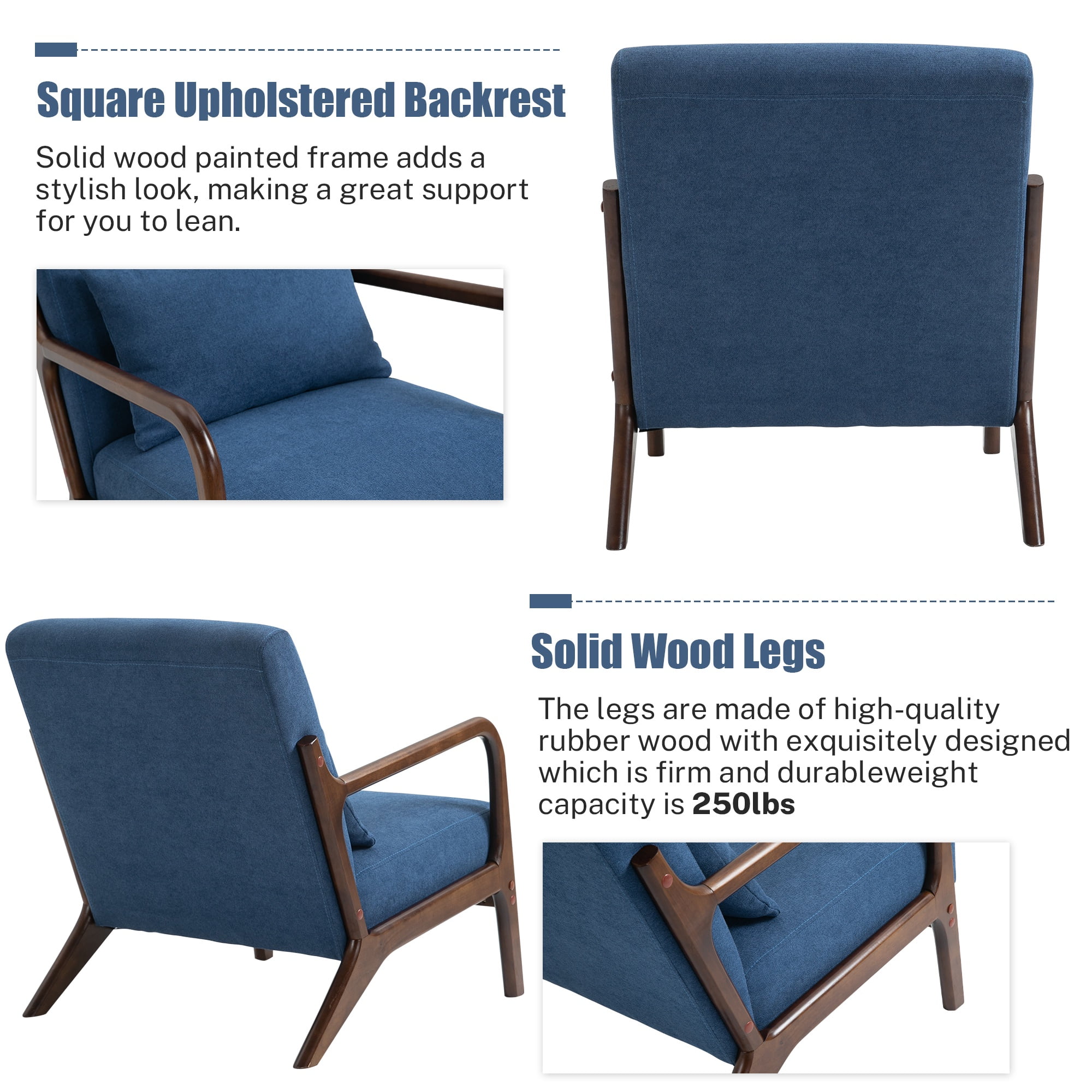 PAPROOS Mid-Century Modern Accent Chair, Velvet Fabric Arm Chair with Wood Frame and Pillow, Upholstered Armchair Comfort Reading Chair Lounge Chair for Living Room Bedroom Sunroom, Navy
