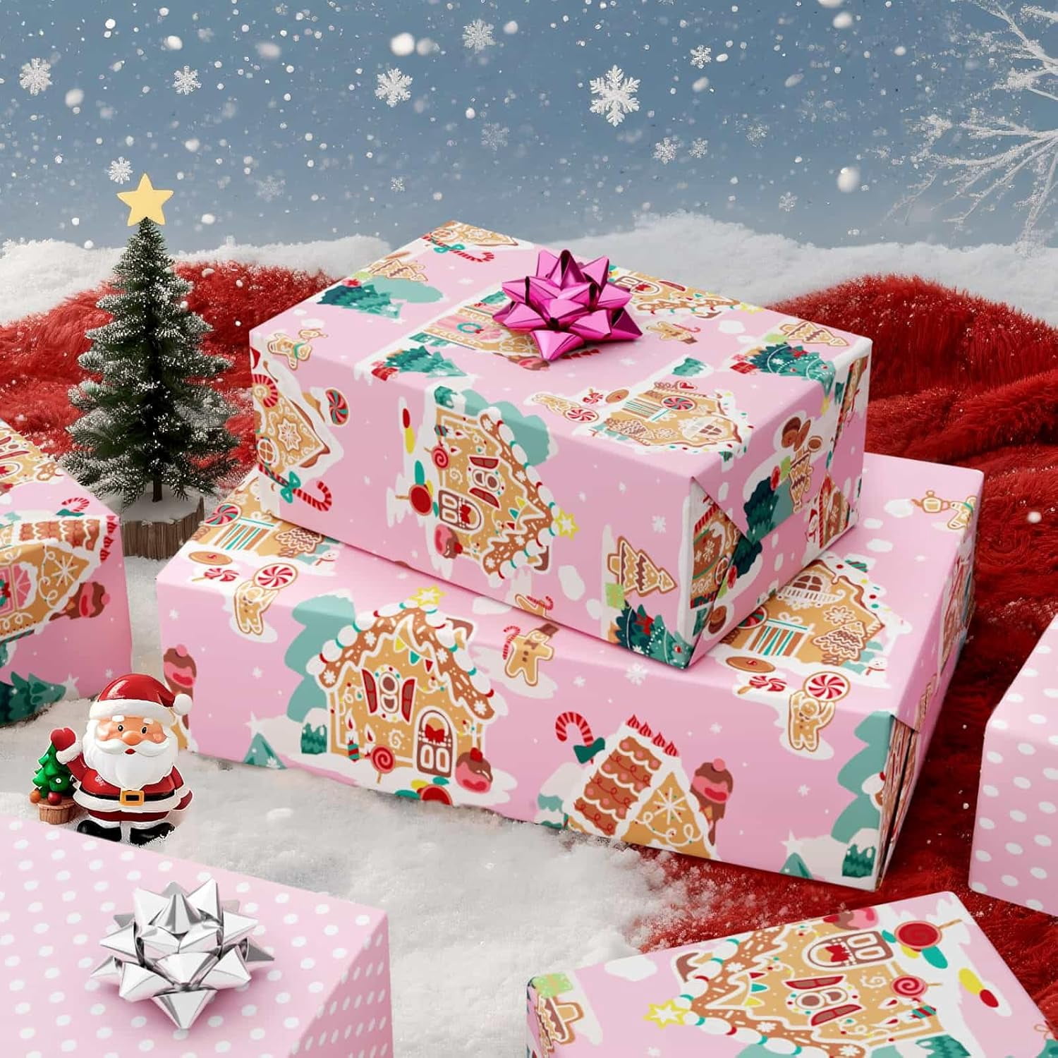 Christmas Wrapping Paper - 1 Roll 17”x 33 ft Gingerbread House Wrapping Paper Roll Reversible Christmas Tree Gift Wraps for Kids Girls Xmas Winter Holiday Party Pink Polka Dot Design
