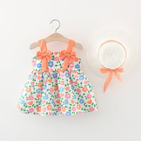

WHLBF Baby Girls Summer Dress Toddler Bow Decoration Flower Print Suspender Dress with Hat Orange 2-3 Years(2-3 Years)