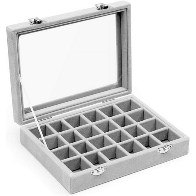 Caja de piedras preciosas, 24 joyeros, soporte para presentación de joyería con tapa de vidrio, vitrina de almacenamiento, organizador para almacenamiento de anillos y pendientes