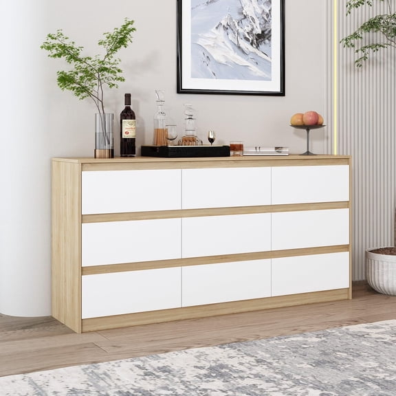 63” Dresser Chest of Drawers 9 Drawer Dresser, Modern 9 Drawer Chest for Living Room Bedroom, No Handle Design, White and Oak 15.7”D x 63”W x 31.5”H