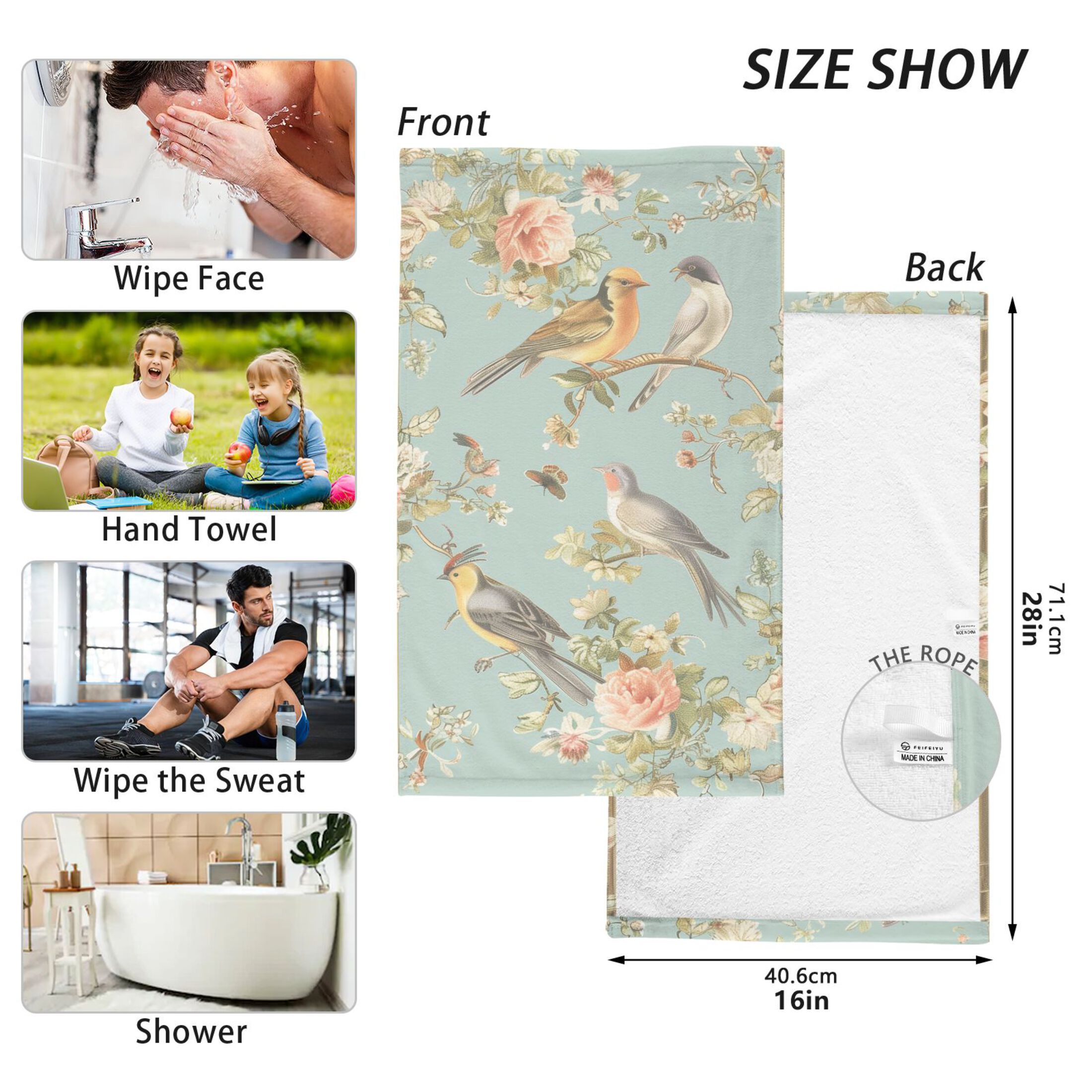 Birds Flowers Frame Hand Towel Set 2 Pcs Cotton Absorbent Soft Face Towels 400 GSM Bath Towels for Bathroom Kitchen Shower Hotel Decor 16"x28"