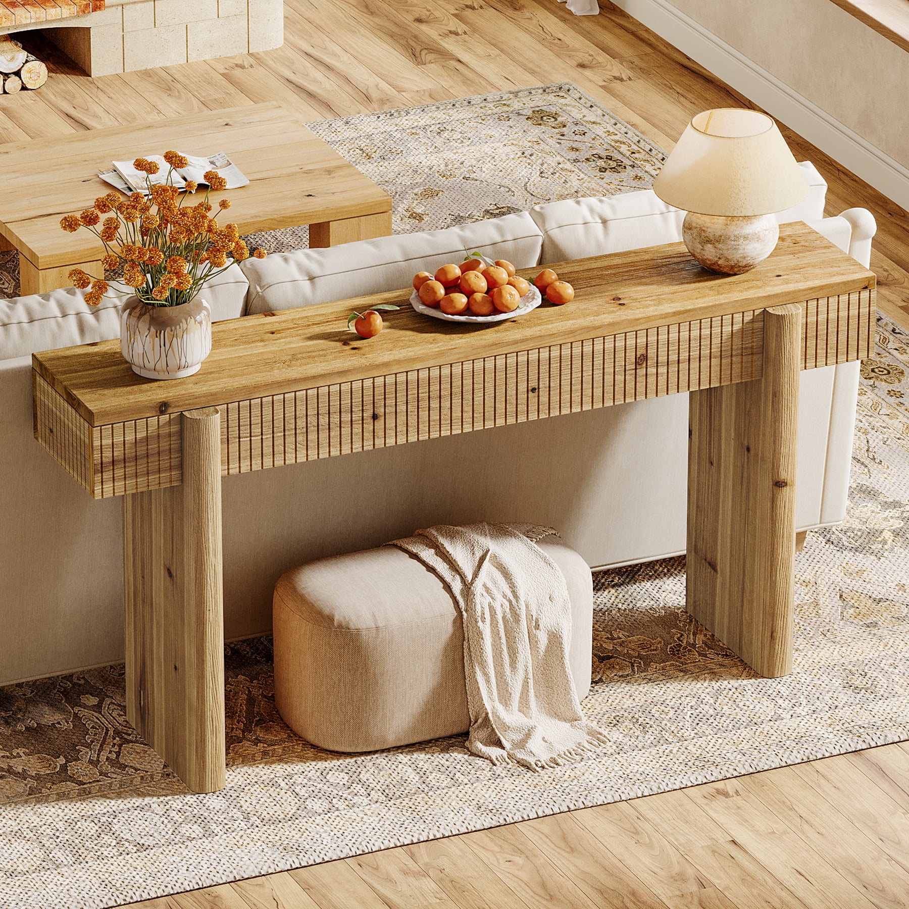 Finmind 55-inch Solid Wood Console Table, Farmhouse Entryway Table, Rectangular Sofa Console with Fluted Top, for Living Room, Hallway, Natural Brown