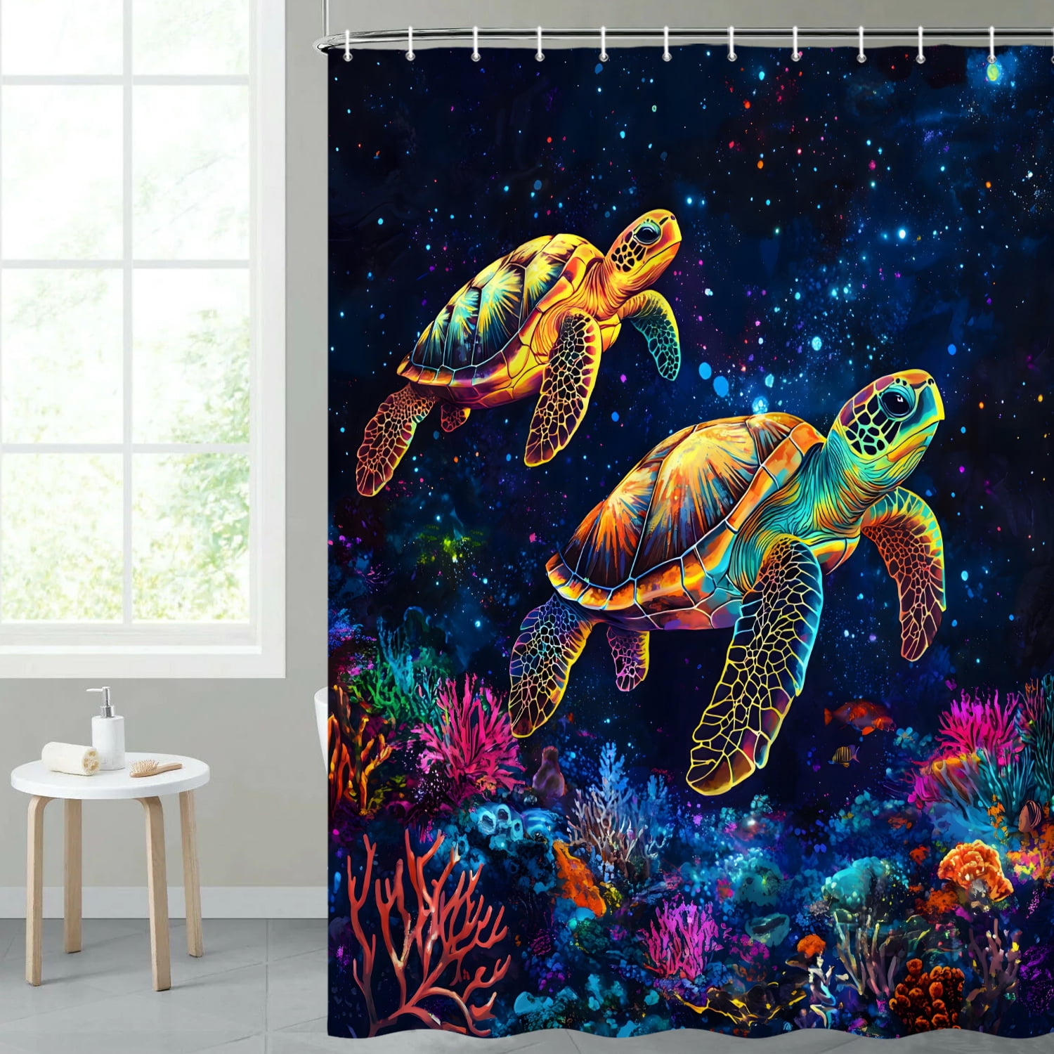 MIZHONA Sea Turtle Shower Curtain Blacklight Ocean Coastal Waterproof Fabric Bathroom Curtain 72x78 in