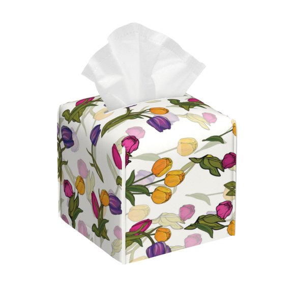 Rateoe Tulips Flowers Pattern Tissue Box Cover, Modern Square Decorative Leather Facial Paper Case Organizer Holder Dispenser 5X5X5''