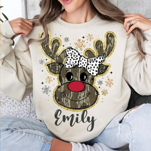 Glitter Reindeer Christmas Sweater, Camo Girl Reindeer Coquette Bow Dalmatian Kids Sweatshirt