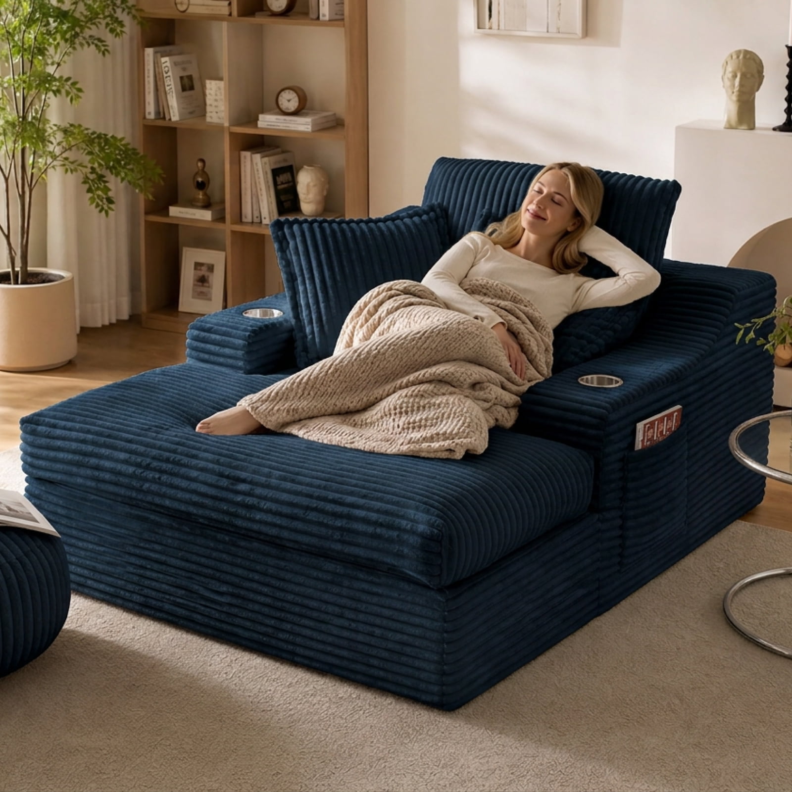 47" Wide Oversized Single Chaise Lounge Chair, 67'' Sleeper Sofa Bed with Cup Holders & 3 Pillows