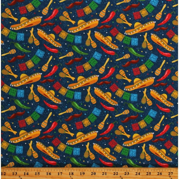 Cotton Mexican Fiesta Sombreros Maracas Papeles Blue Cotton Fabric Print by the Yard (130668)