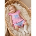 thumbnail image 6 of BemeyourBBs Toddler Baby Girls Summer Clothes 2 Piece Outfits Baby Christening Clothes God Is Good All the Time Letter Bow Embroidery Flying Sleeve T Shirt Tops and Ruffle Shorts Set, 6 of 9
