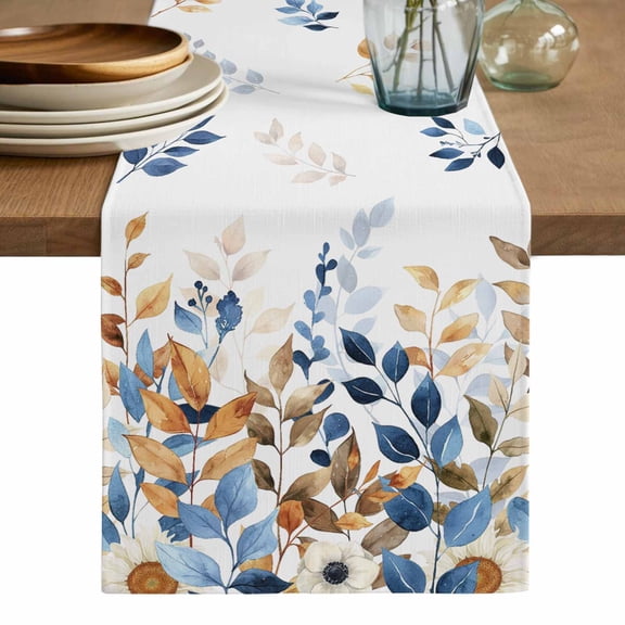 Orange Blue Botanical Table Runner, Weeping Fall Eucalyptus Leaves Washable Cotton Linen Table Runners 72 Inches Long, Dresser Scarf Runner for Dining/Coffee/Kitchen/TV Stands/Cabinets 13''x72''