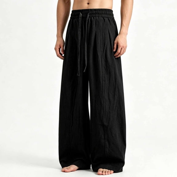 Blmnix Low Rise Trousers for Men Baggy Linen Pants Comfy Pants Palazzo Leggings Black Wide-Leg Long Mens Casual Pants,M