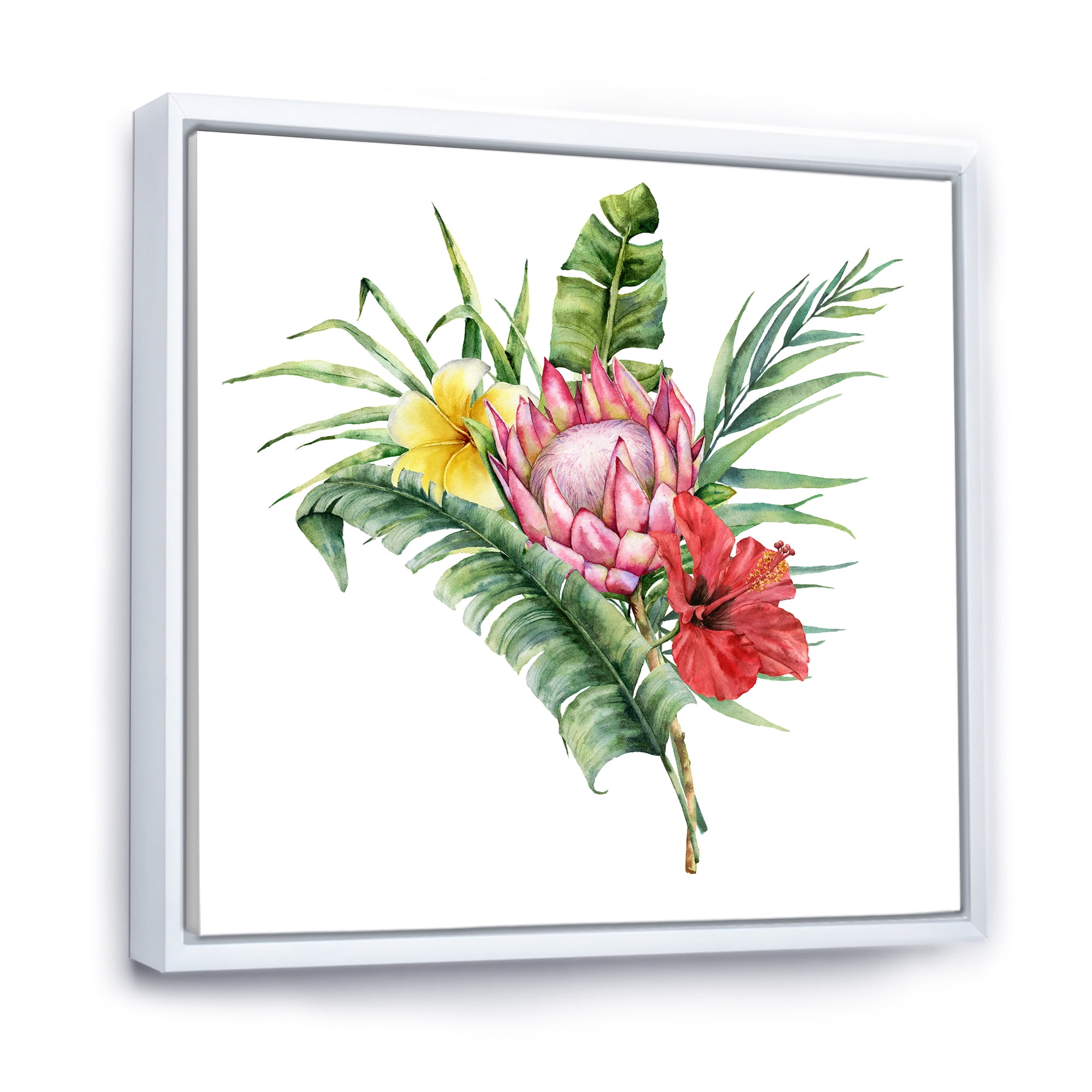 Designart 'Flowers Bouquet With Protea Plumeria Hibiscus' Traditional Framed Canvas Wall Art Print