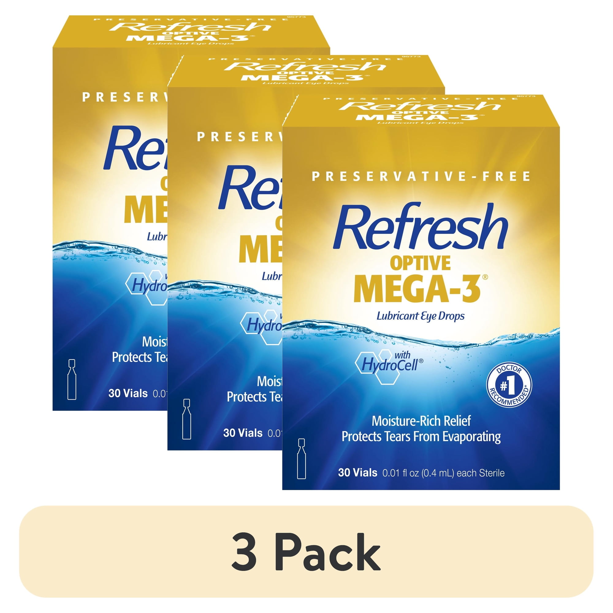 (3 pack) Refresh Optive Mega-3 Lubricant Eye Drops Preservative-Free Artificial Tears, 0.4 ml, 30 Count