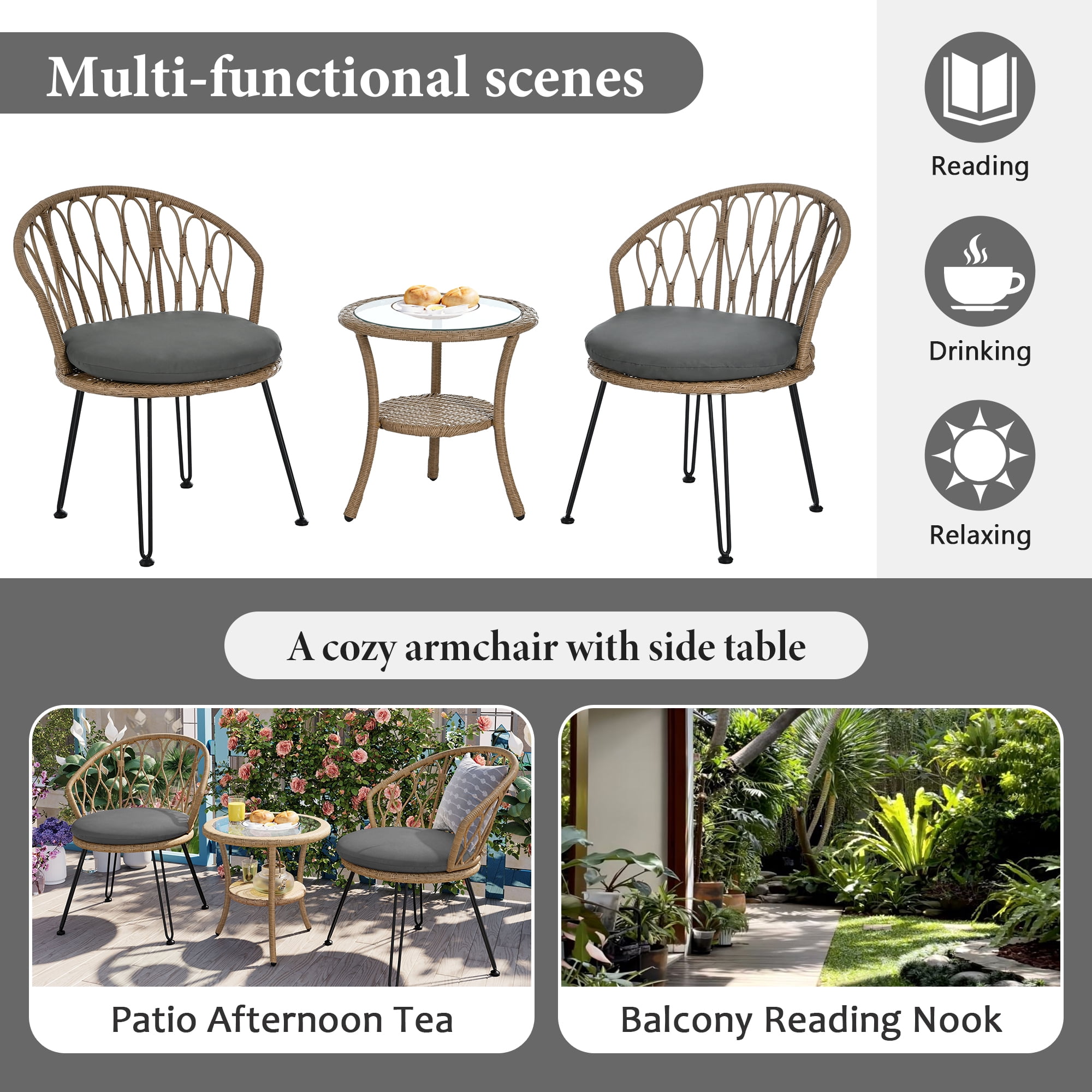 3-Piece Outdoor Furniture Sectional Sofa Set,Patio PE Wicker Conversation Sets with Beige Cushions,Top Glass,Lounge Chair for Garden, Deck, Poolside