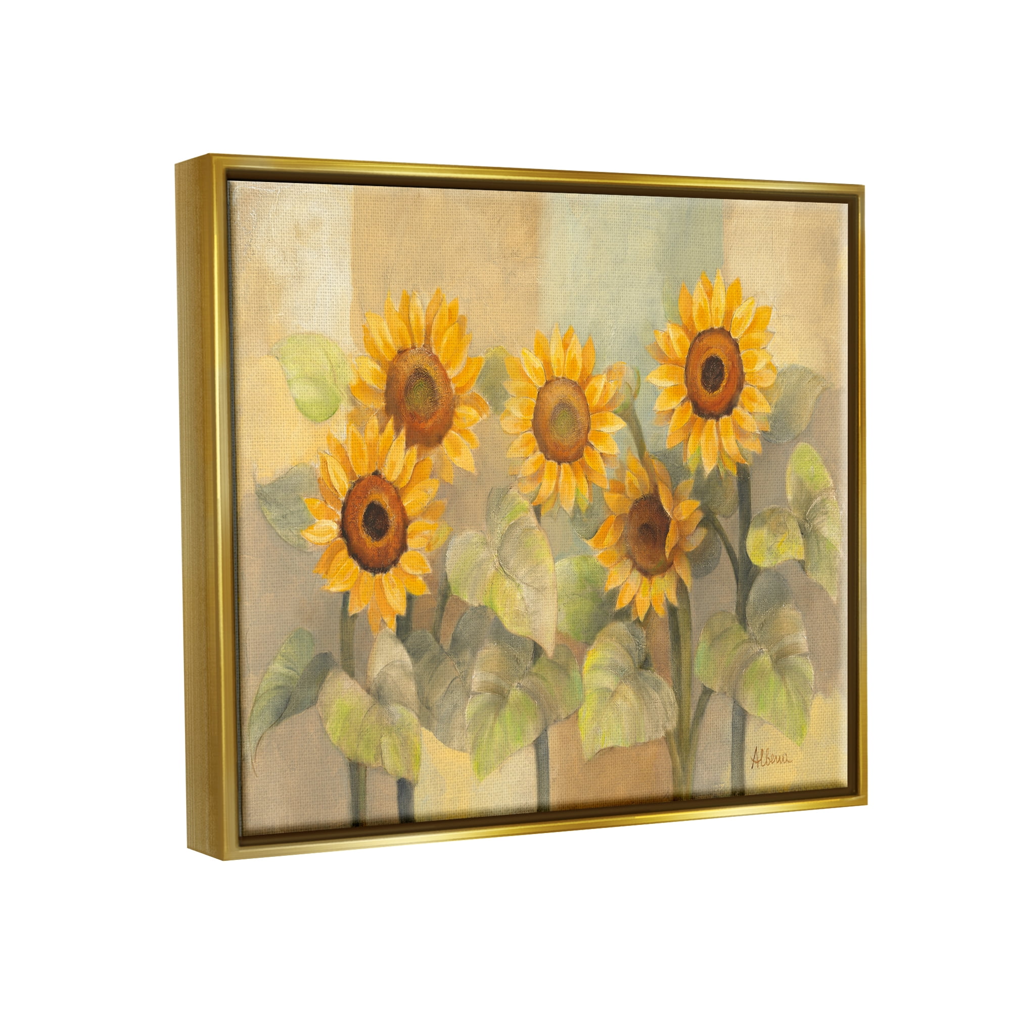 Stupell Industries Soft Vintage Sunflower Floral Field Yellow Green Metallic Gold Framed Floating Canvas Wall Art, 16x20, by Albena Hristova