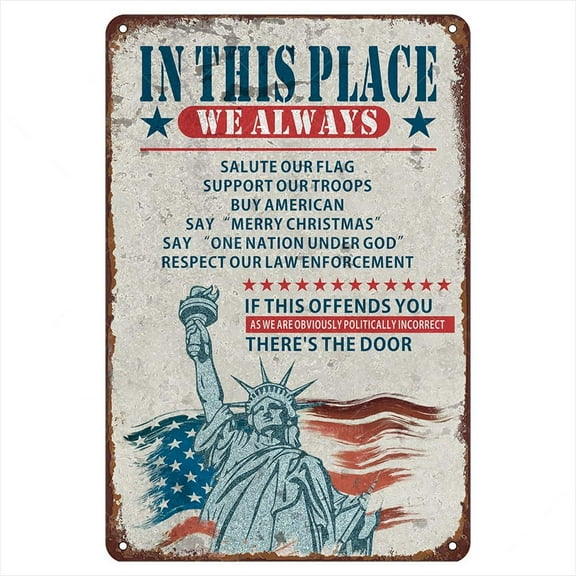 Statue Of Liberty Metal Tin Sign, 12" X 8", In This Place We Always Salute Our Flag Vintage Sign, Retro Wall Art Decor, Indoor Outdoor Metal Signs For Office And Home, Gift For Patriots.