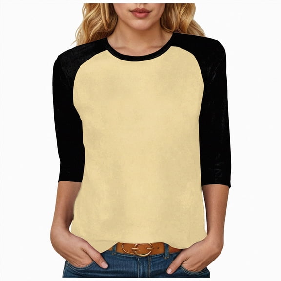 GEWSEY 3/4 Sleeve Tops for Women Workout Jersey Shirts Baseball Style Raglan Tshirts Casual Color Block Tees Comfy Steetwear (Beige, M)