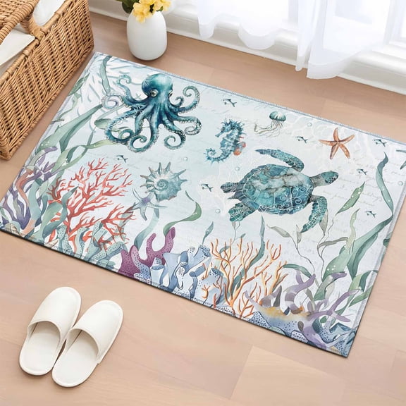 2x3 Ft Entryway Area Rug, Teal Turtle Coastal Kitchen Rug Runner Washable Floor Mat, Octopus Coral Summer Beach Starfish Non Slip Indoor Door Mat Throw Carpet for Bathroom Living Room Bedroom