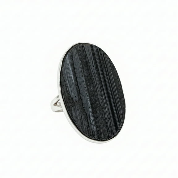 Raw Black Tourmaline Statement Ring, 925 Sterling Silver, Handcrafted Large Oval Cocktail Ring for Women