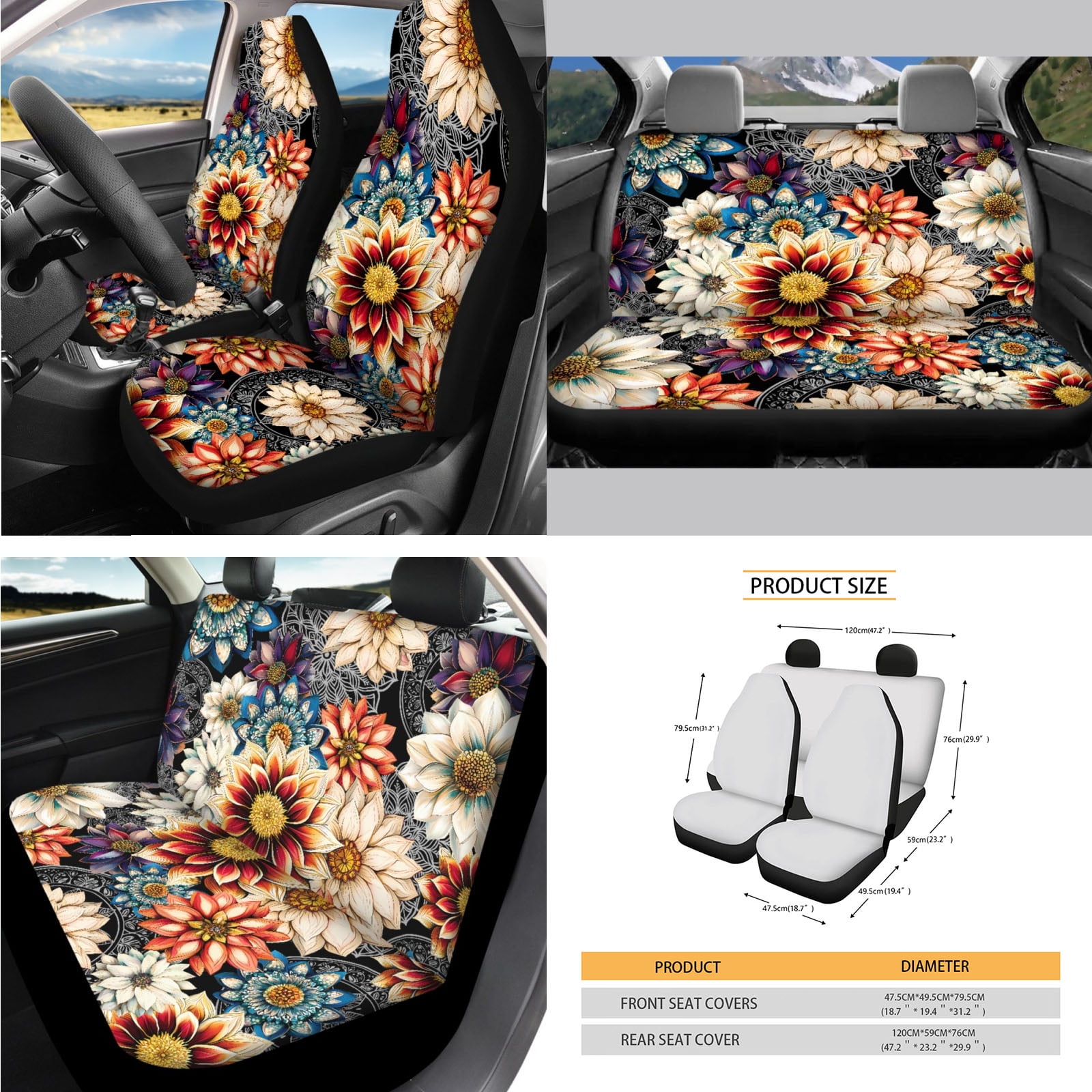 Yuyamidu Colorful Dahlia Car Seat Covers with Auto Streering Wheel Cover Center Console Pad Cover Seat Belt Cover Shift Knob Cover Handbrake Cover Coasters for Most Van SUV Sedan Auto Accessories