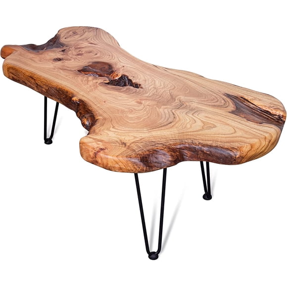 unbranded Natural Wood Edge Contemporary Coffee Cocktail Table, Live Edge Coffee Table,Living Room Coffee Table with Clear Lacquer Finish and Metal Hairpin Legs,Unique Desktop