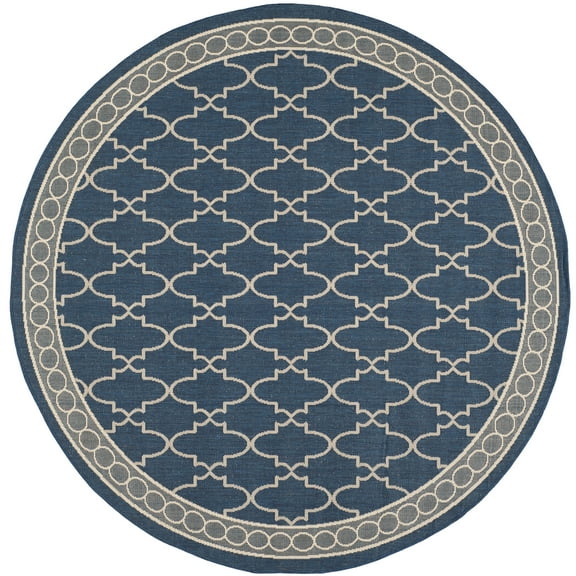 SAFAVIEH Courtyard Jasper Geometric Bordered Indoor/Outdoor Area Rug, 6'7" x 6'7" Round, Navy/Beige