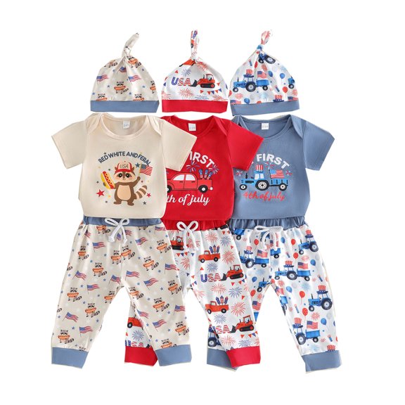 Emy Dola Baby Boys USA Flag Romper Outfits "My First 4th Of July" Baby Short Sleeve Long Pants 3-Pieces Clothes Set With Hat 0-12M