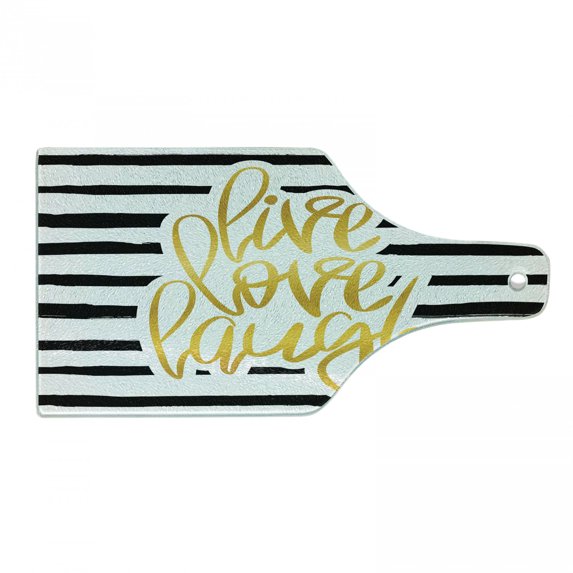 Live Laugh Love Cutting Board, Romantic Design Hand Drawn Stripes and Calligraphic Text, Decorative Tempered Glass Cutting and Serving Board, Wine Bottle Shape, Black White Earth Yellow, by Ambesonne