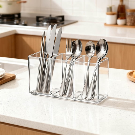 3-Compartment Acrylic Utensil Holder, Clear Cutlery Organizer Caddy for Kitchen Countertop, Silverware Storage for Forks, Spoons, Knives