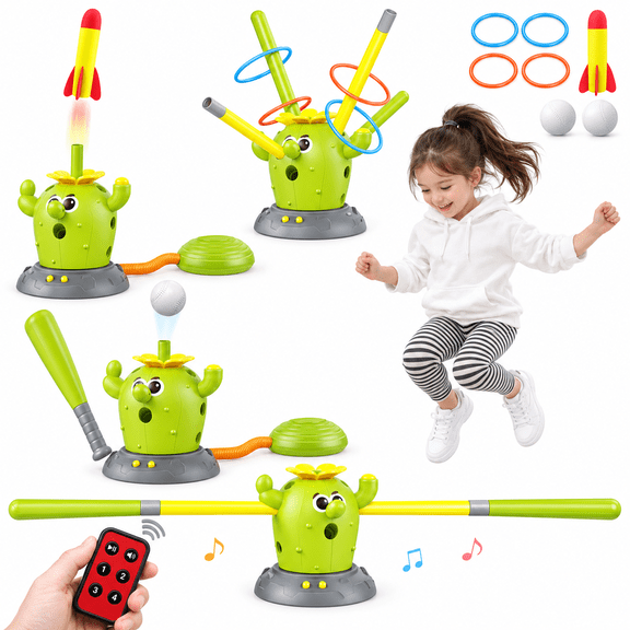 KNMDU 4-in-1 Musical Jump Cactus Toy Set with Ring Toss, Baseball, and Rocket Launcher, Active Play Indoor & Outdoor Toy for Kids Ages 4-8