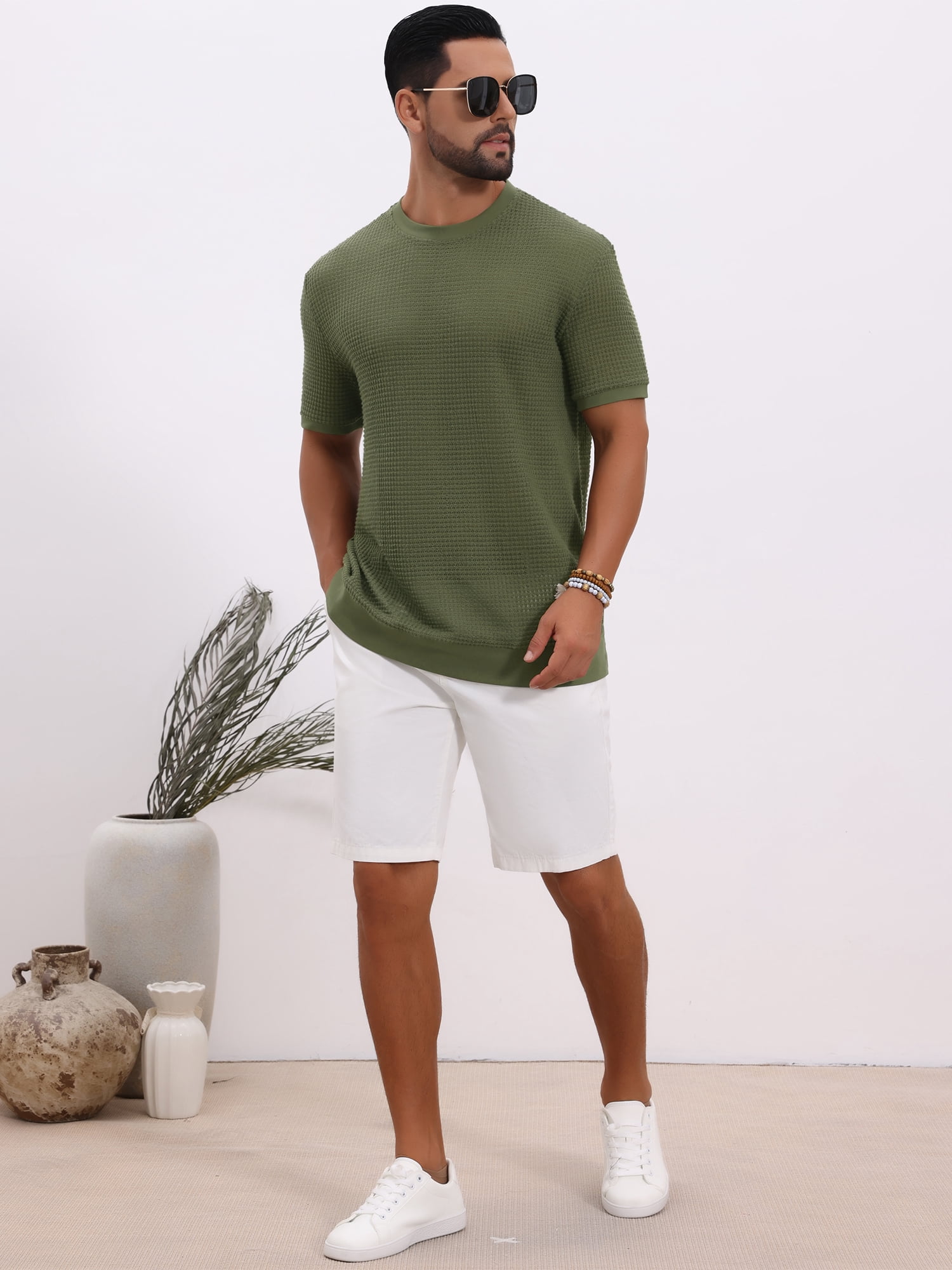 DARING DIVA Men's Waffle Short Sleeve Crew Neck Solid Knitted T-Shirt M Olive Green