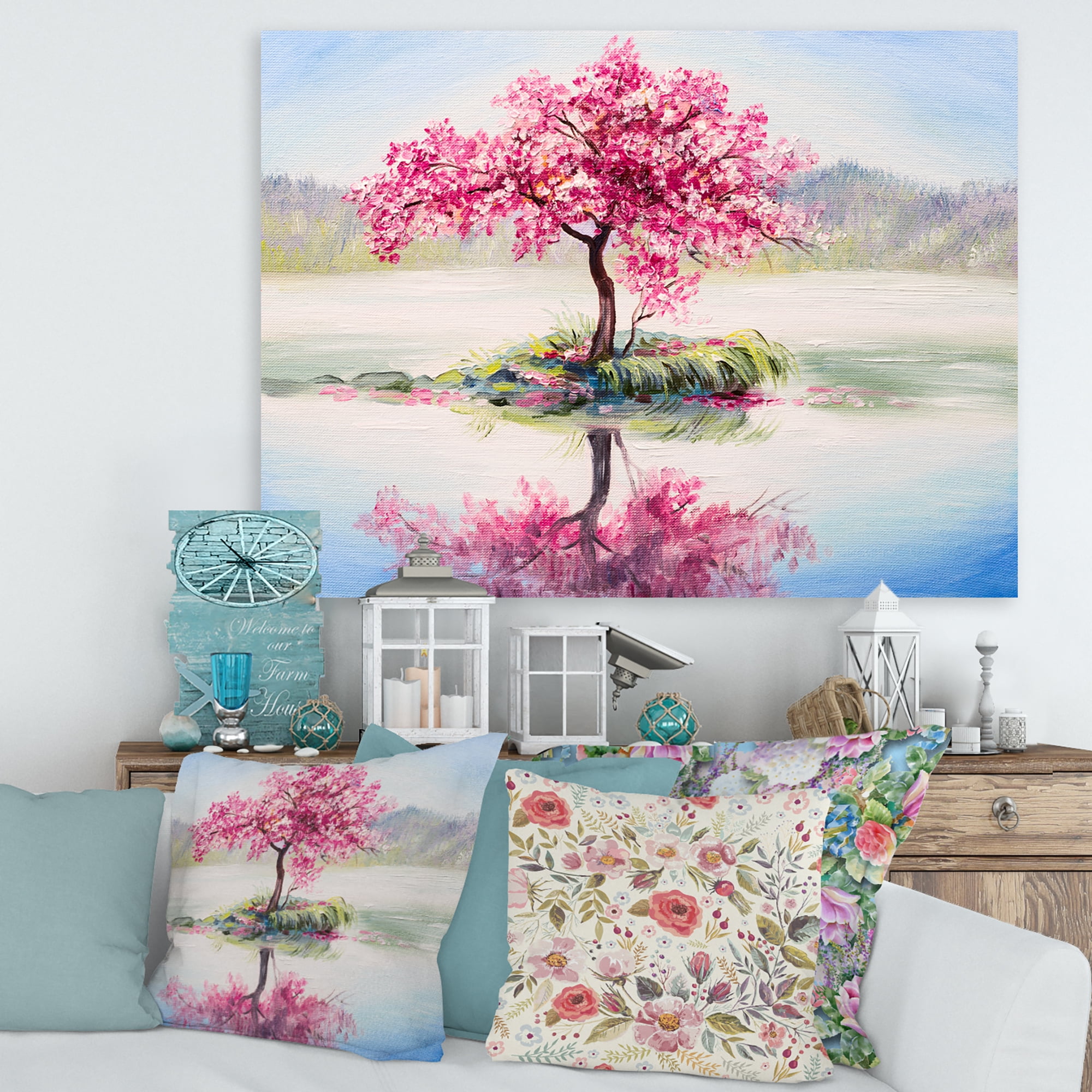 Designart ' Oriental Cherry Pink Tree Sakura On The Lake ' Lake House Canvas Wall Art Print